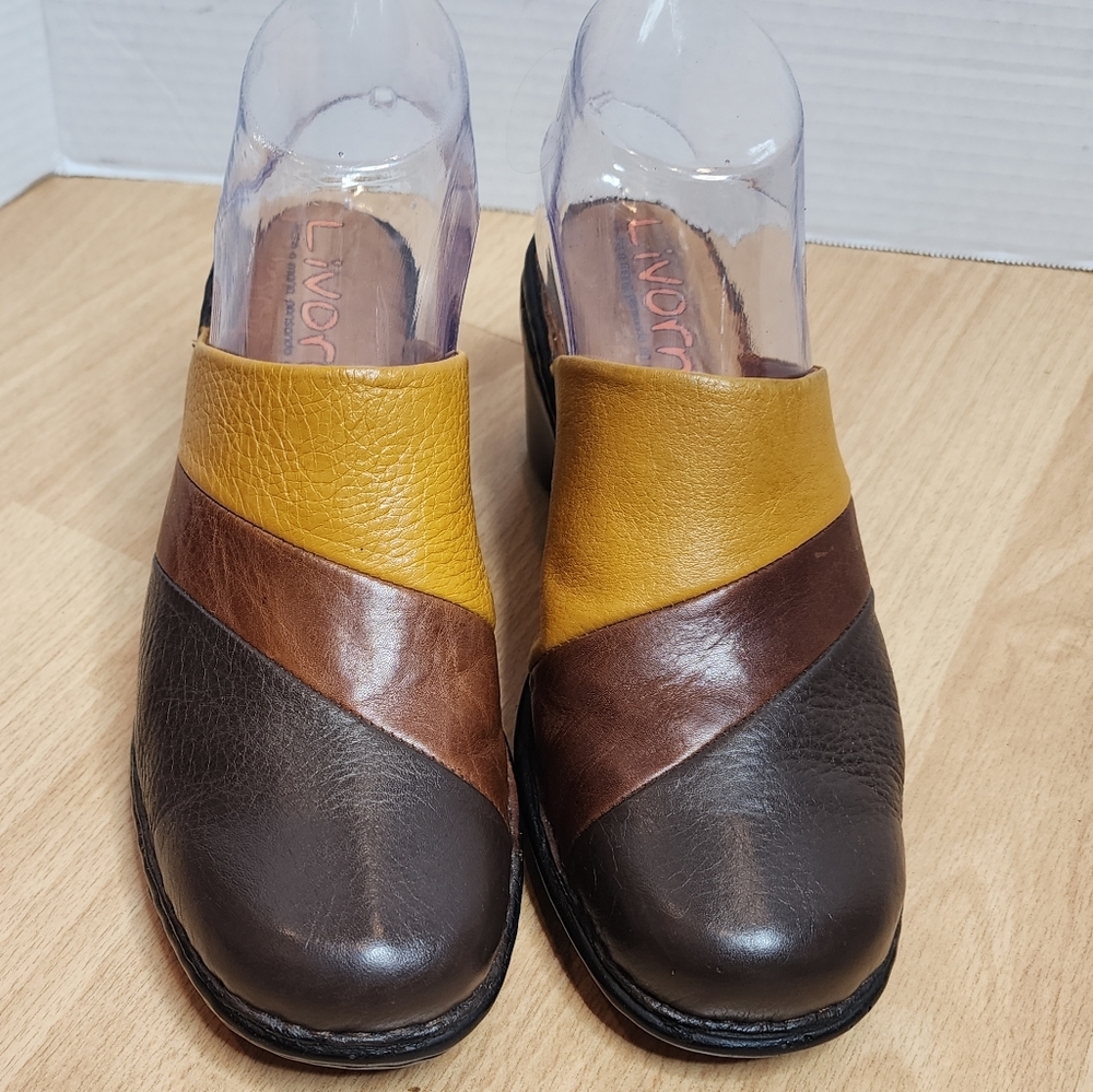 Livorno Brown Leather Slide On Clogs Mules Shoes Size EU 37